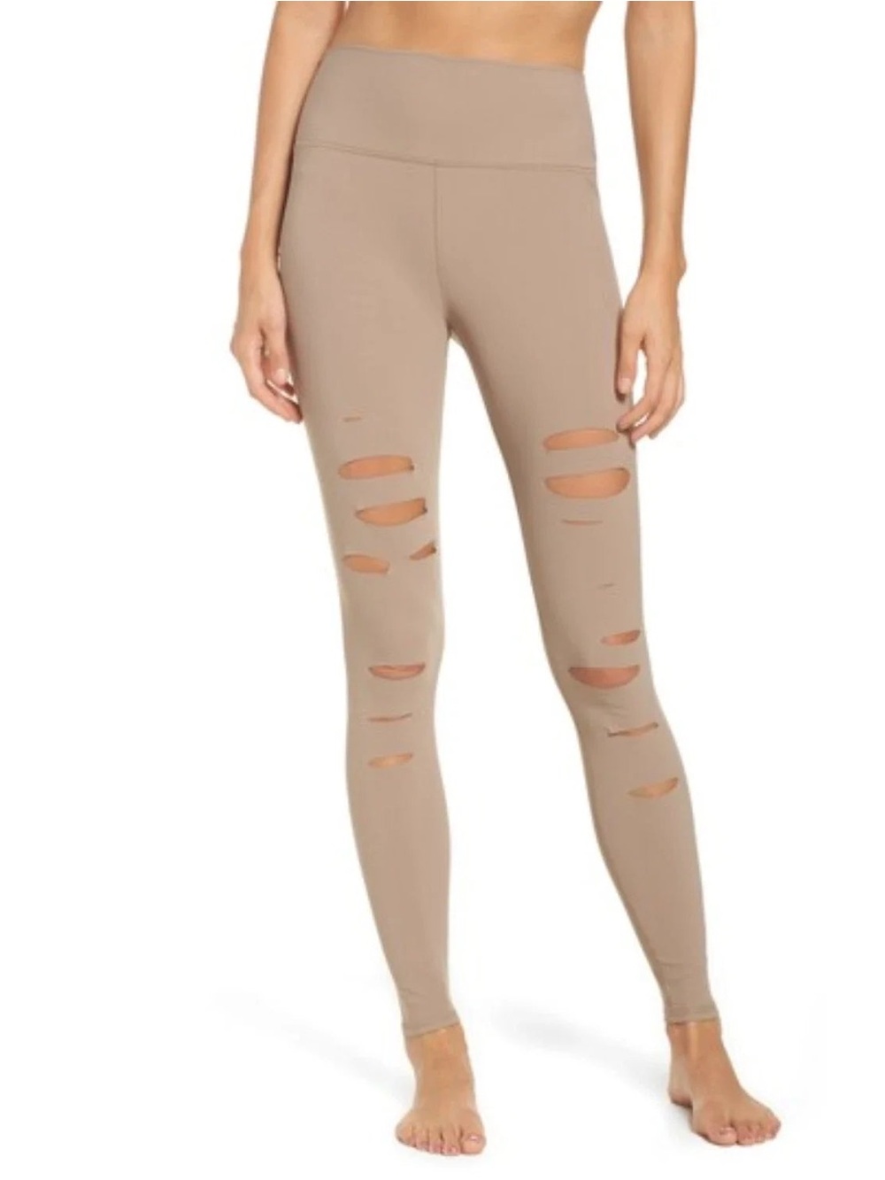 Allo Ribbed High-Waist Ripped Leggings in Taupe size S